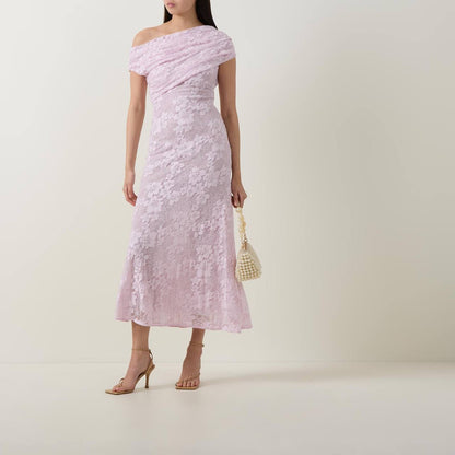 SP Pink Rhinestone Floral Lace Off Shoulder Midi Dress