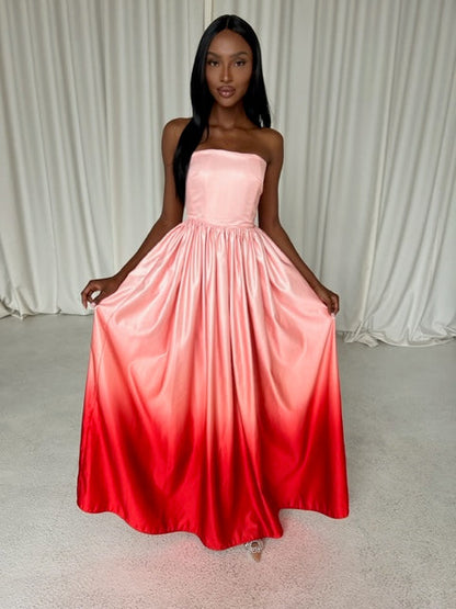 SAU Teigen Blush Red Ombre Strapless Gown Maxi Dress