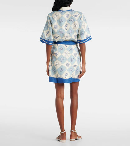 ALM Pia Blue Printed Linen Mini Dress Shirtdress