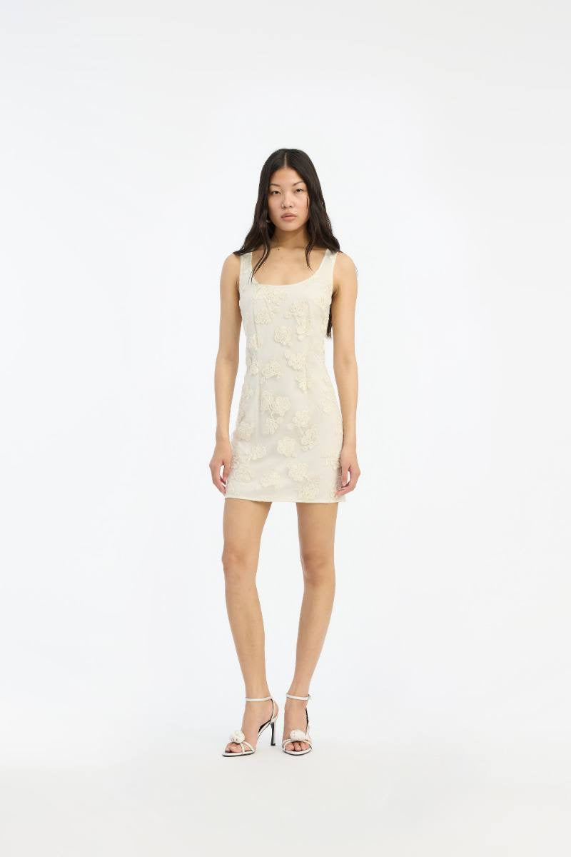 RT Beaded Square-neck Mini Dress in Egret White