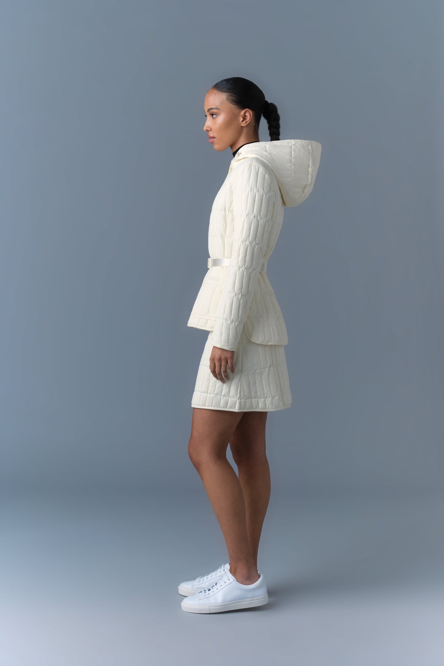 MK Raja Light Down Vertical Quilted Hooded Jacket with Belt