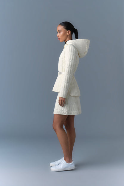 MK Raja Light Down Vertical Quilted Hooded Jacket with Belt