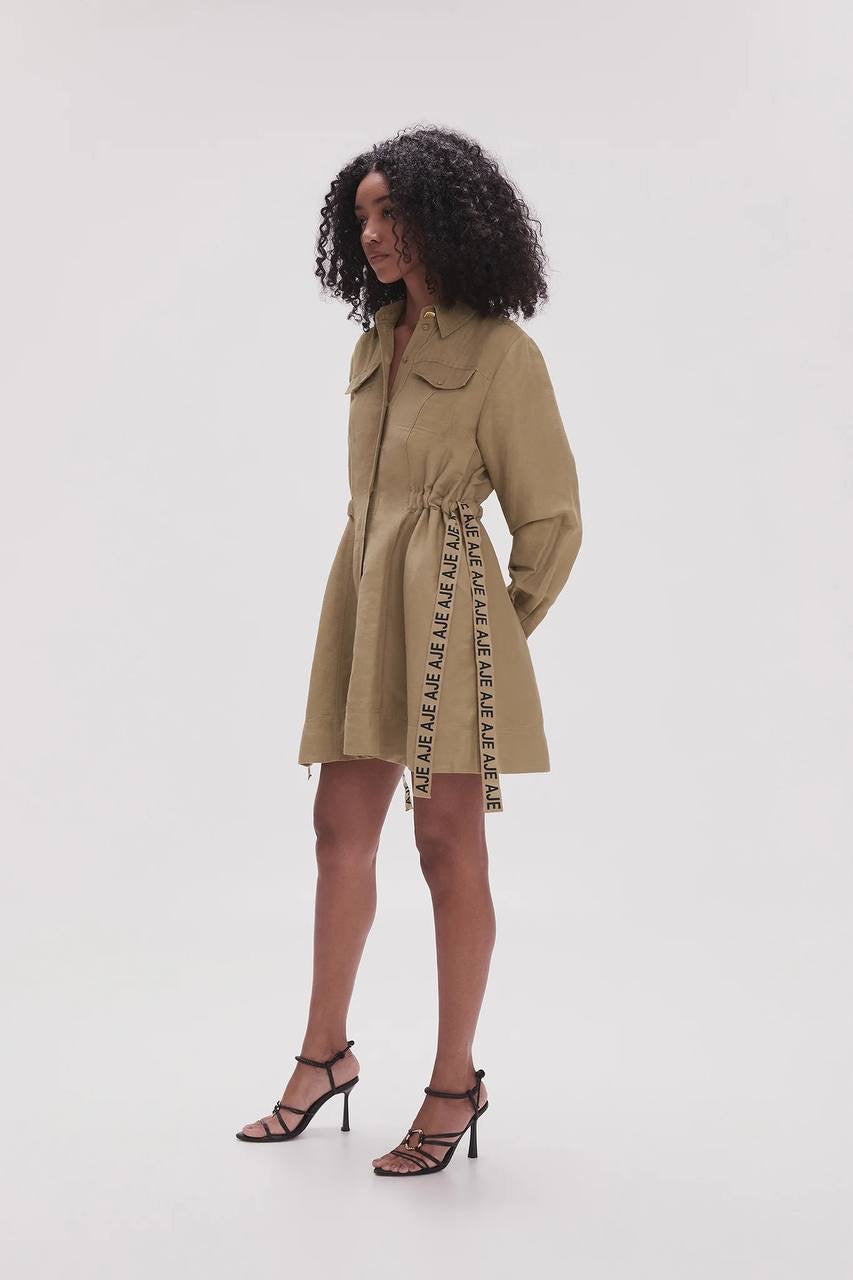 AJ Eternal Logo Mini Dress in Black and Desert Khaki Linen-Rayon