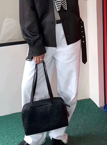 2 Colors! TR Astra Woven Bowling Goatskin Leather Shoulder Tote Bag
