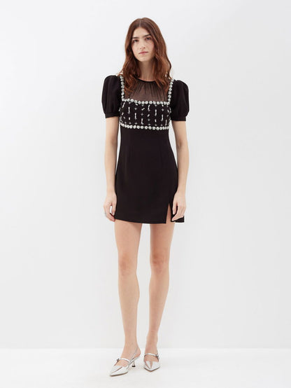 SALE! SP Blacked Tulle-panelled Crystal Embellished Crepe Puff Sleeve Mini Dress