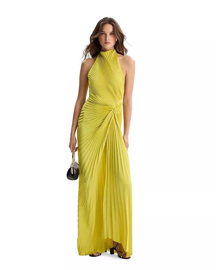 ALC Romy Halter Pleated Satin Gown Maxi Dress