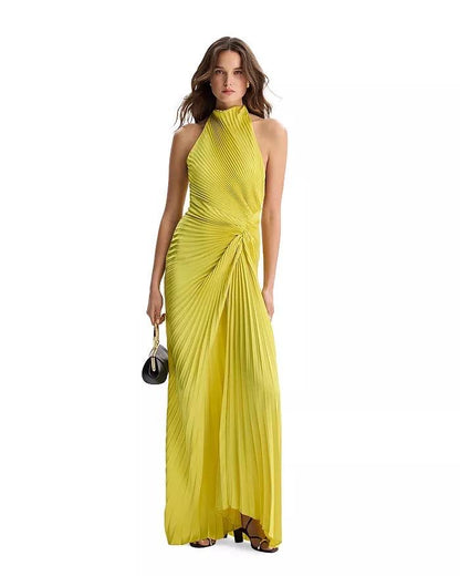 ALC Romy Halter Pleated Satin Gown Maxi Dress