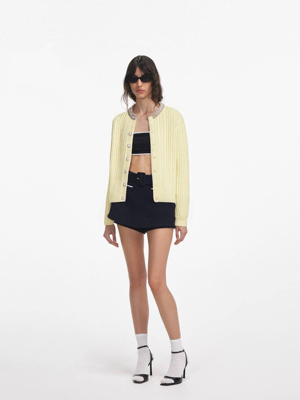 SP Yellow Rhinestone Embellished Collar Alpaca-blend Cardigan