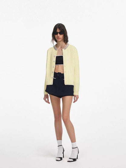 SP Yellow Rhinestone Embellished Collar Alpaca-blend Cardigan