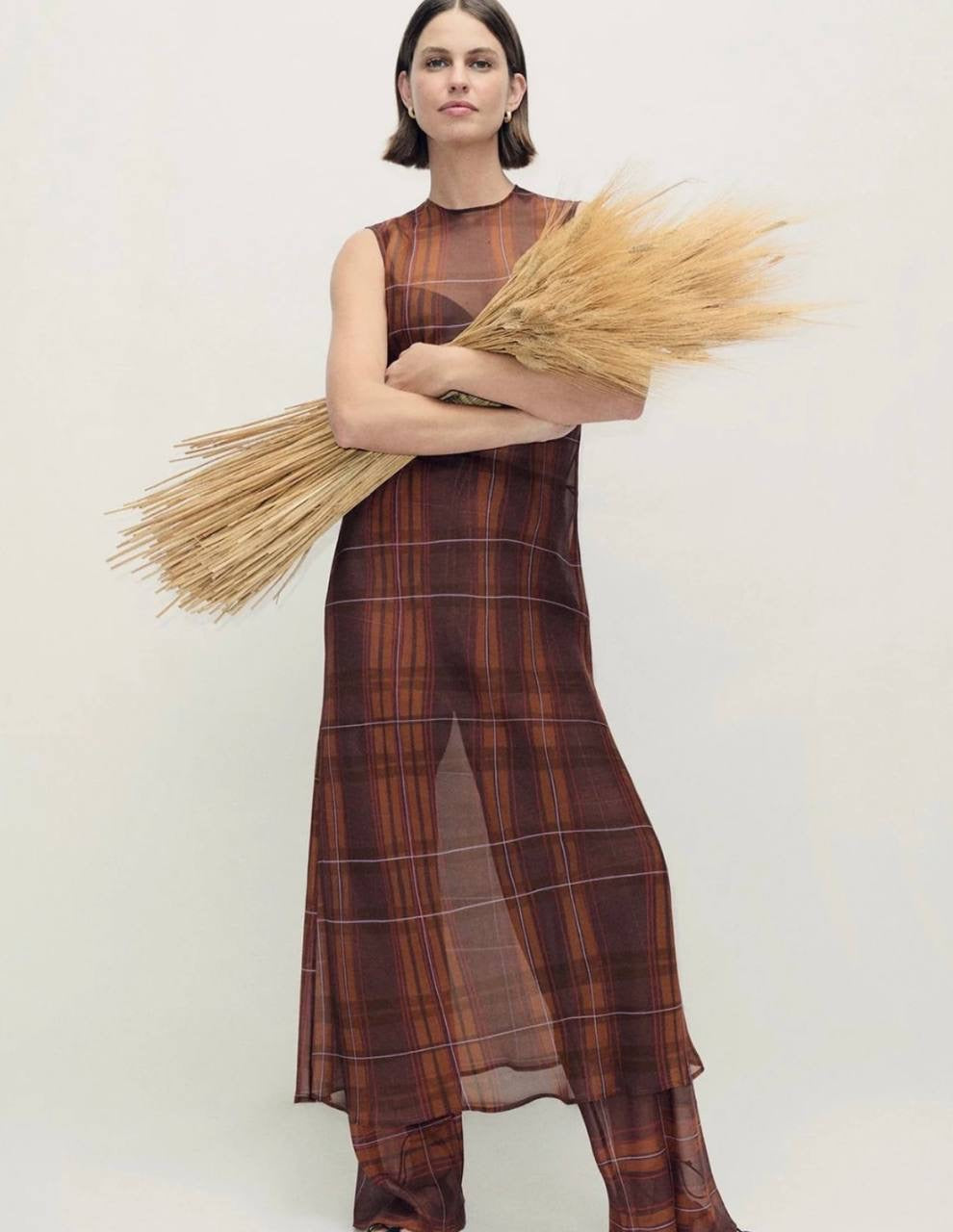 SL Sheer Chiffon Rasa Midi Dress in Root Plaid | Cornflower Floral