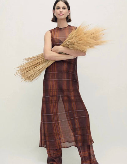 SL Sheer Chiffon Rasa Midi Dress in Root Plaid | Cornflower Floral