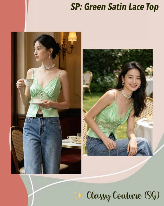 SP Green Satin Lace Cami Top