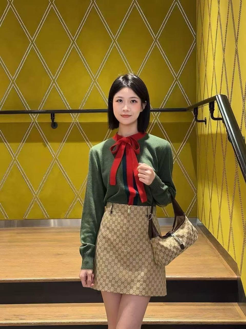 GC Green Knit Wool Cashmere w Red Ribbon Cardigan