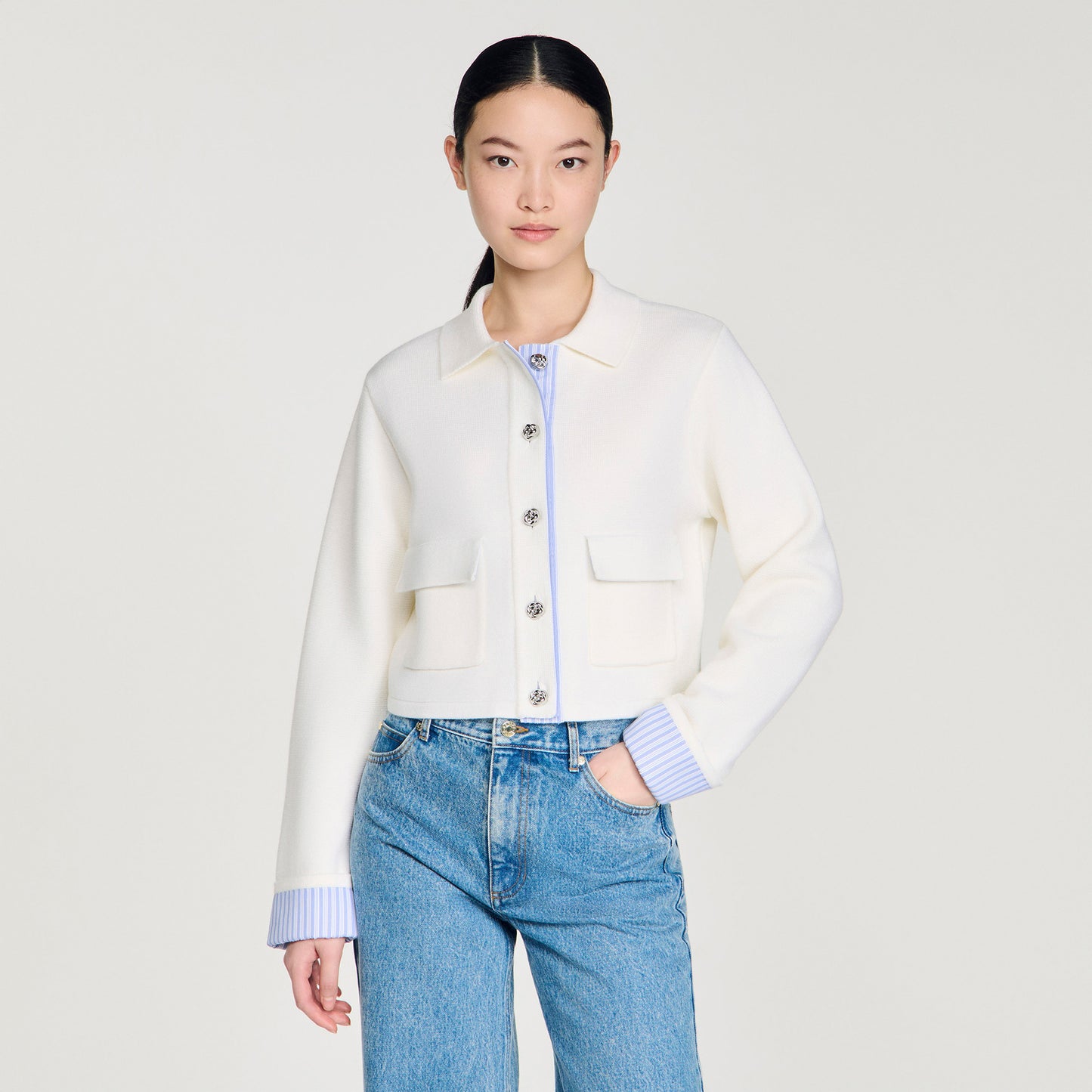 SD Striped Contrast-Trim Wool-Blend Polo Cardigan