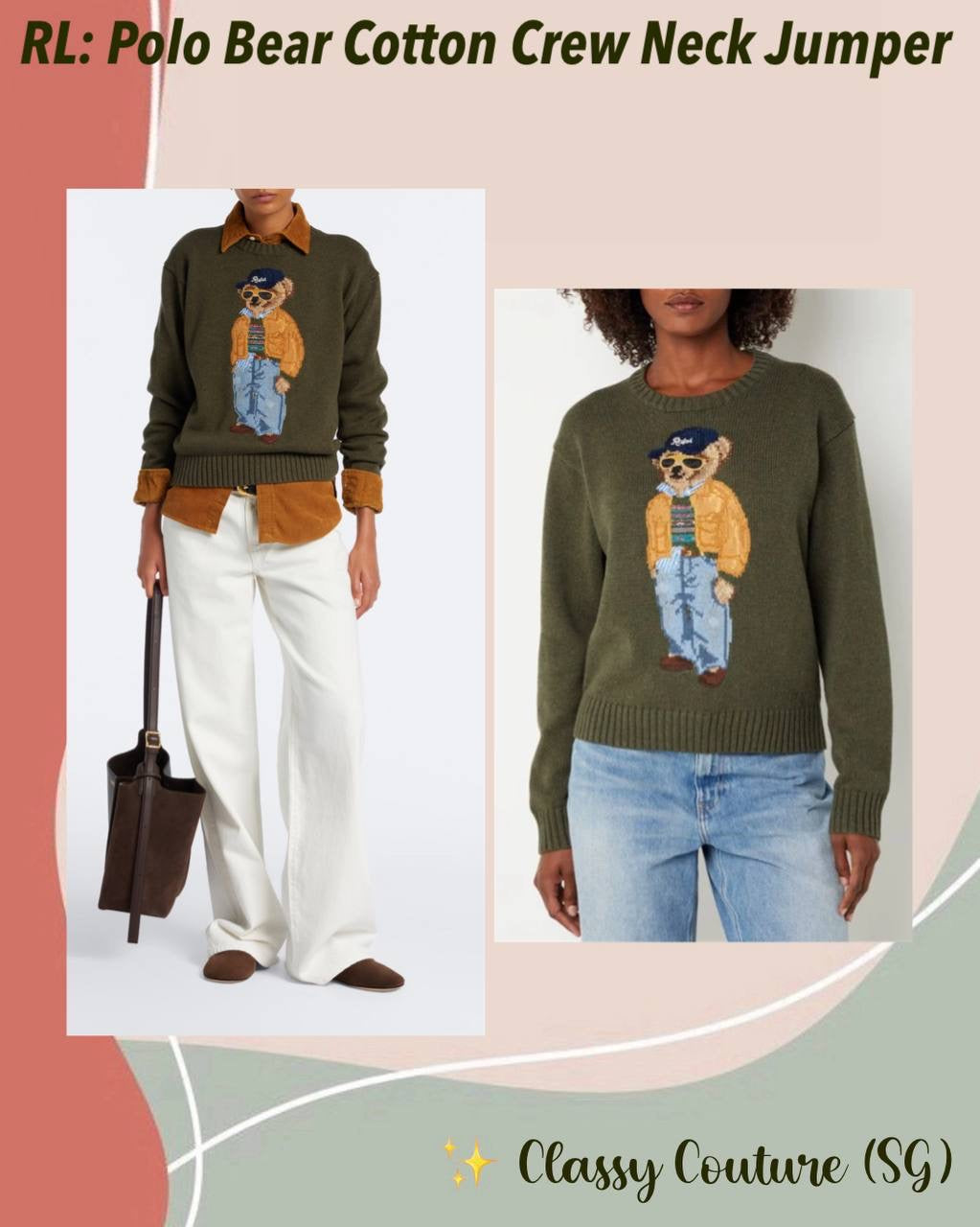 RL Sunglasses Bear Cotton Crew Neck Jumper in Olive Green