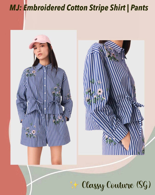 MJ Embroidered Bead Sequin Stripe Shirt | Shorts | Cotton-blend Set