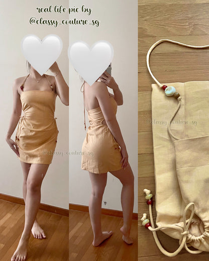 STL Light Tan Antonia Linen Beaded Mini Dress