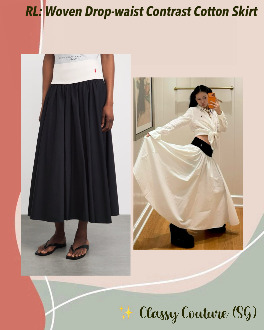 RL Panelled Woven Drop-waist Contrast Cotton A-line Midi Maxi Skirt