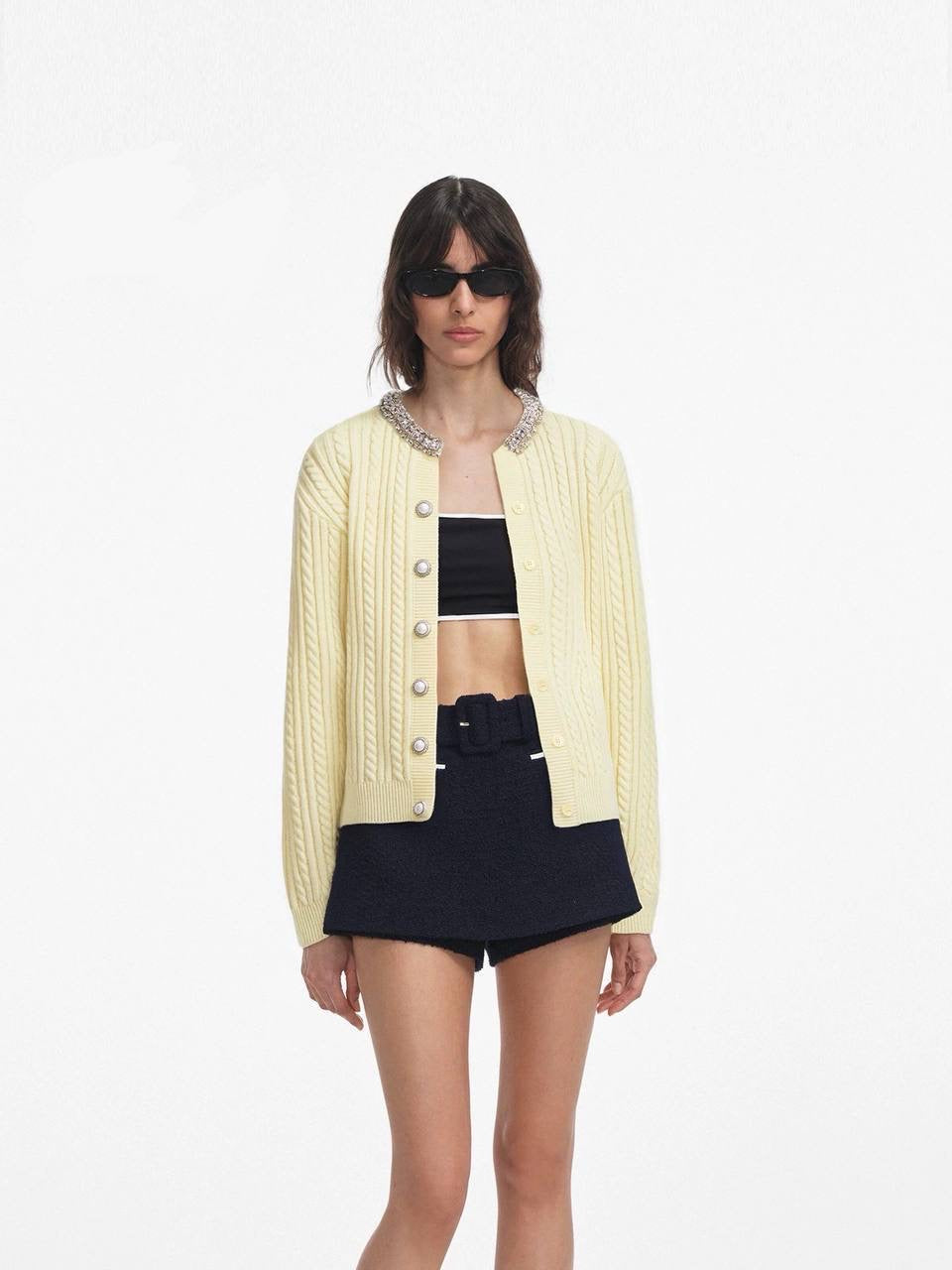 SP Yellow Rhinestone Embellished Collar Alpaca-blend Cardigan