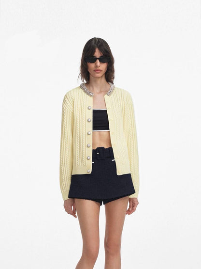 SP Yellow Rhinestone Embellished Collar Alpaca-blend Cardigan