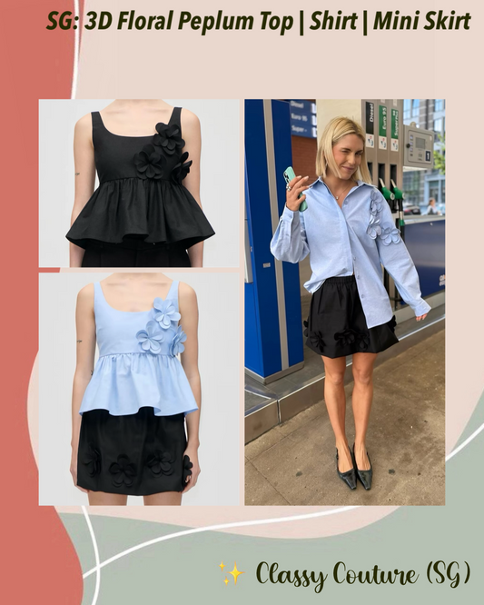 SG 3D Floral Appliqué Peplum Top | Shirt | Mini Skirt | Cotton Set