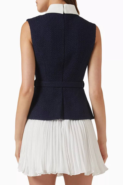 SP Navy Boucle & Chiffon Pleated Sleeveless Woven Mini Dress