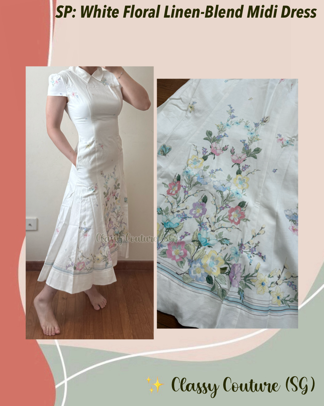 SP White Floral Linen-Blend Short Sleeve Midi Dress
