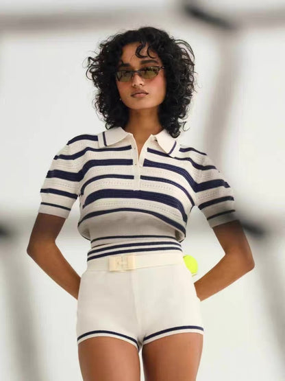 FLL Simona Pointelle Striped Polo Shirt | Shorts | Set