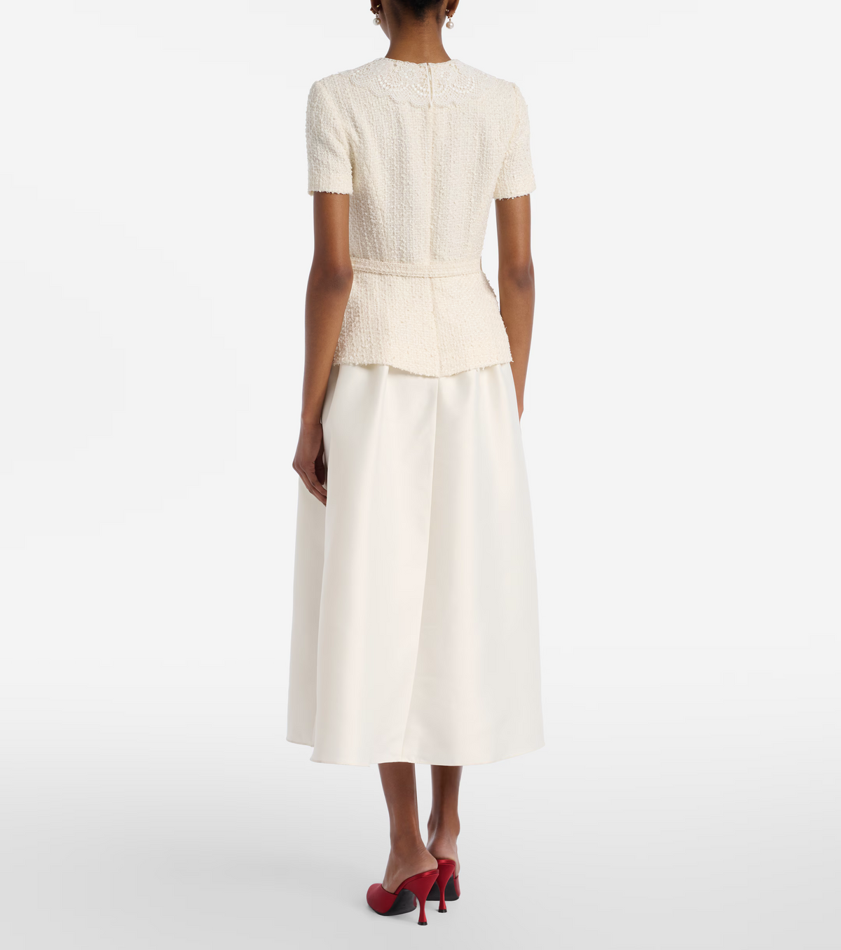 Cream Boucle and Taffeta Short Sleeve Midi Dress with Lace-trim Collar