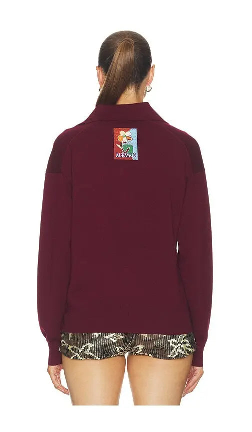 ALM035 Plum & Blue Retro Patch Knitted Wool Polo Shirt Sweater