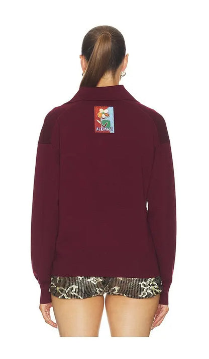 ALM035 Plum & Blue Retro Patch Knitted Wool Polo Shirt Sweater