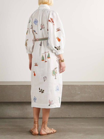 ALM Mina Embroidered Ramie Shirtdress Midi Dress