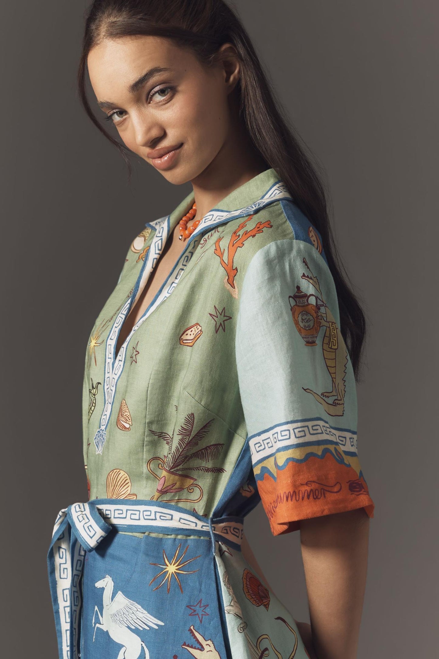 ALM Surrealist Summer V-neck Linen Mini Dress