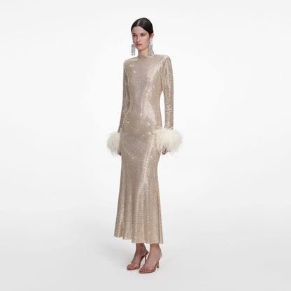 SP Champagne Rhinestone Feather Midi Dress