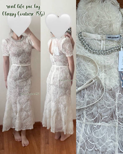 SP Cream Tulle Floral Lace Midi Dress