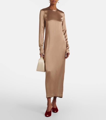 TOT Viscose Satin High-Neck Long Sleeve Midi Maxi Dress