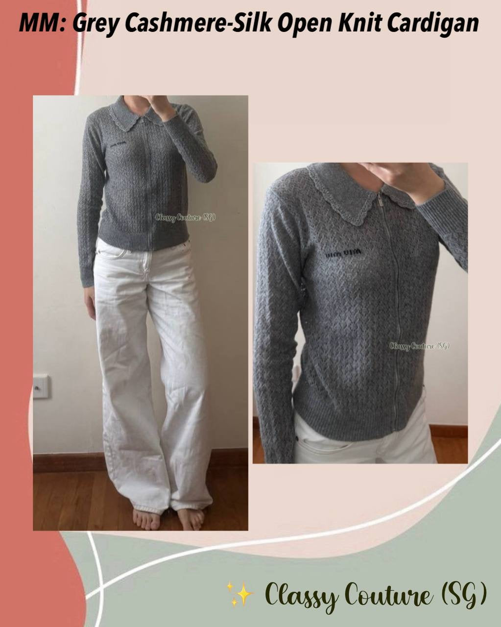 MM Grey Cashmere and Silk Peter Pan Open Knit Zipped Cardigan