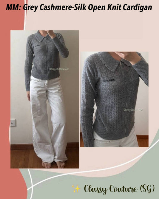 MM Grey Cashmere and Silk Peter Pan Open Knit Zipped Cardigan