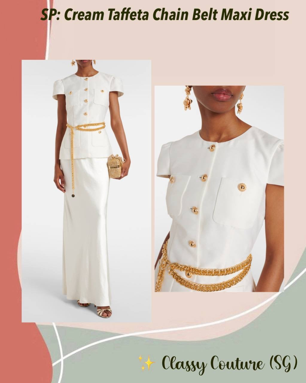 SP Cream Taffeta Chain Belt Maxi Dress