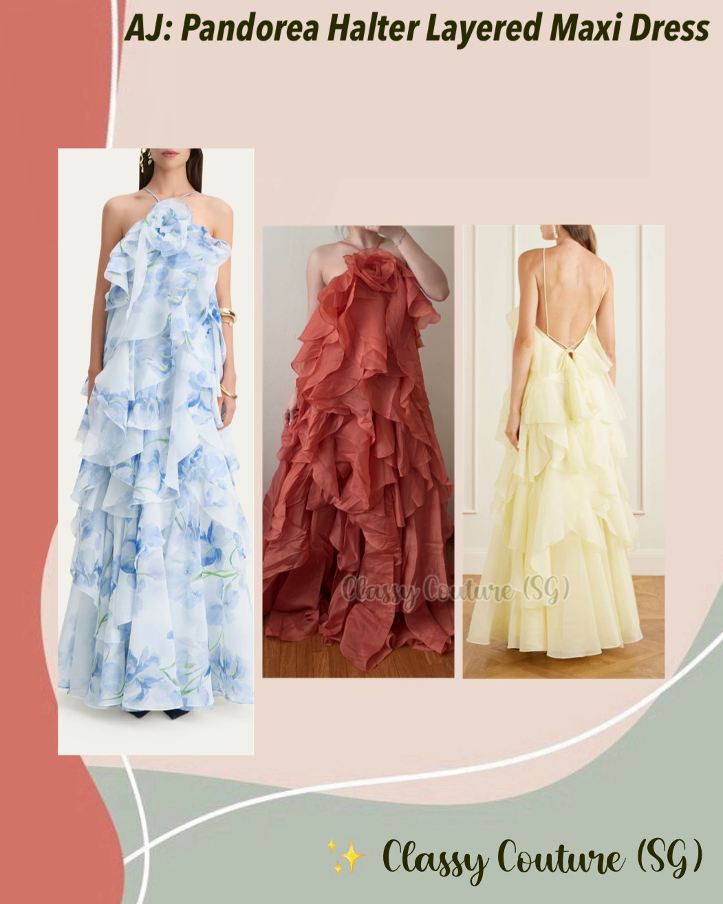 AJ Pandorea Halter Layered Maxi Dress in Iris Blue Floral & Butter Yellow