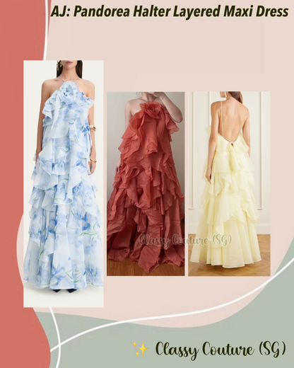 AJ Pandorea Halter Layered Maxi Dress in Iris Blue Floral & Butter Yellow