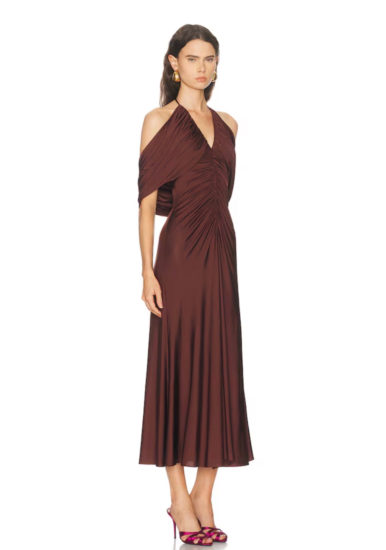 SP Brown Jersey Halter Off-Shoulder Drape Viscose-Blend Midi Dress