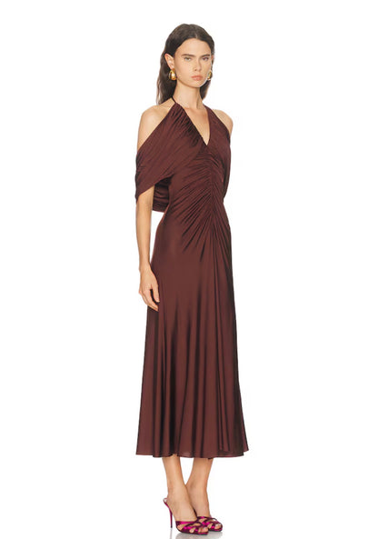 SP Brown Jersey Halter Off-Shoulder Drape Viscose-Blend Midi Dress