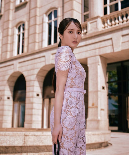 SP Pink Fine Lace Pearl Embellished Midi Dress