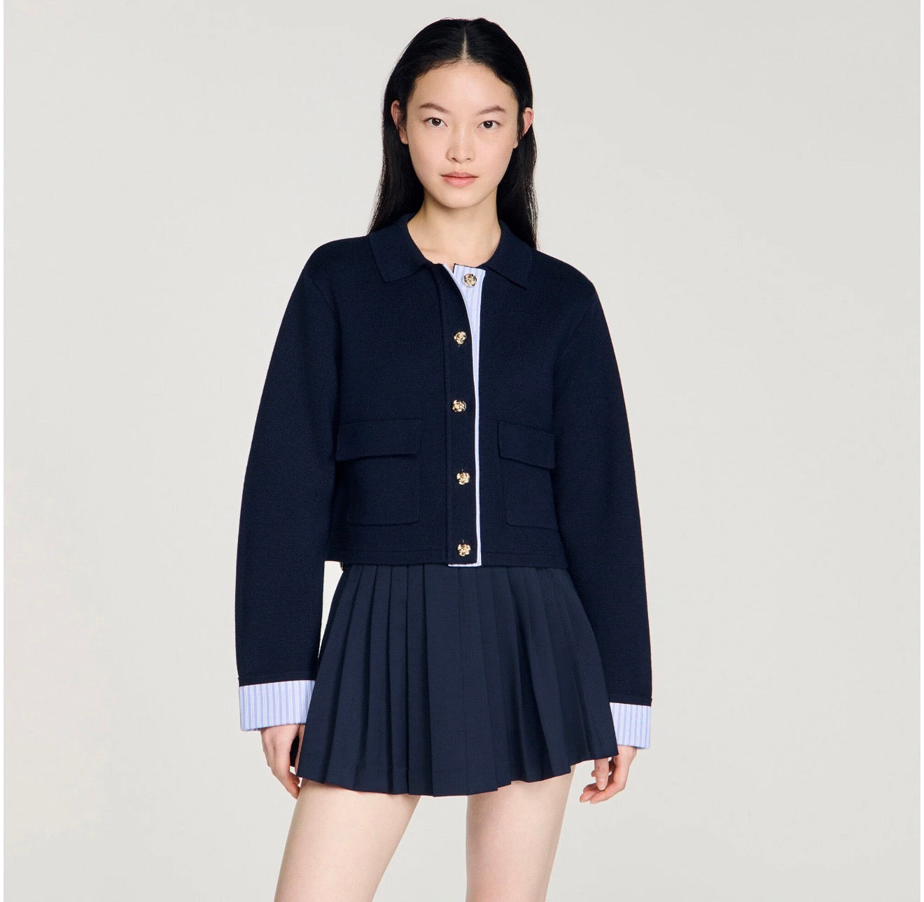 SD Striped Contrast-Trim Wool-Blend Polo Cardigan