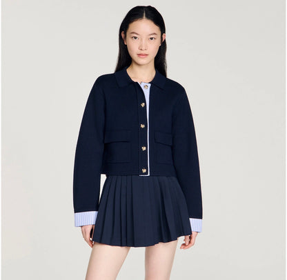 SD Striped Contrast-Trim Wool-Blend Polo Cardigan