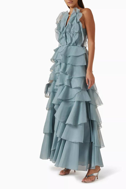 AJ Cleo Ruffle Tiered Organza Keyhole Gown Maxi Dress