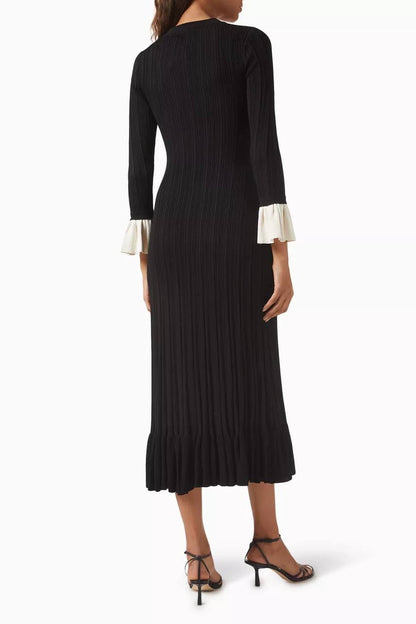 SD Knitted V Neck Contrast Sleeve Midi Dress in Navy blue & Black