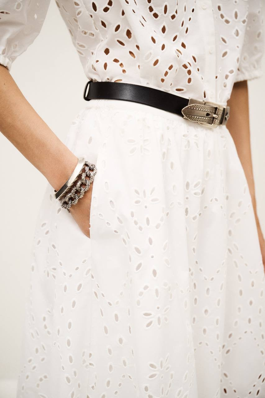 BA Bela Embroidered Eyelet Flared Organic Cotton Midi Skirt