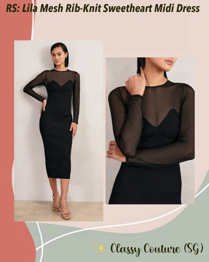 RS Lila Mesh Rib-Knit Sweetheart Midi Dress